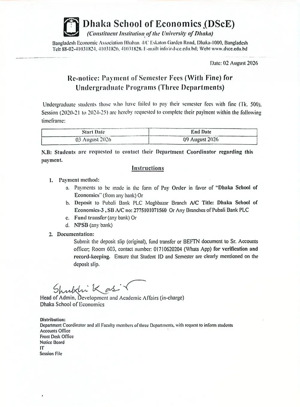 Re-Notice Payment of Semester Fees (With Fine) for Undergraduate Programs (Sessions 2020–21 to 2024–25)